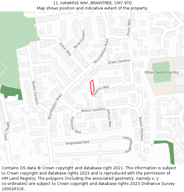11, HAWKINS WAY, BRAINTREE, CM7 9TD: Location map and indicative extent of plot