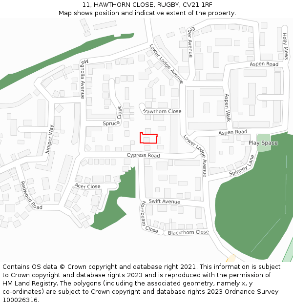 11, HAWTHORN CLOSE, RUGBY, CV21 1RF: Location map and indicative extent of plot