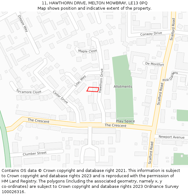 11, HAWTHORN DRIVE, MELTON MOWBRAY, LE13 0PQ: Location map and indicative extent of plot