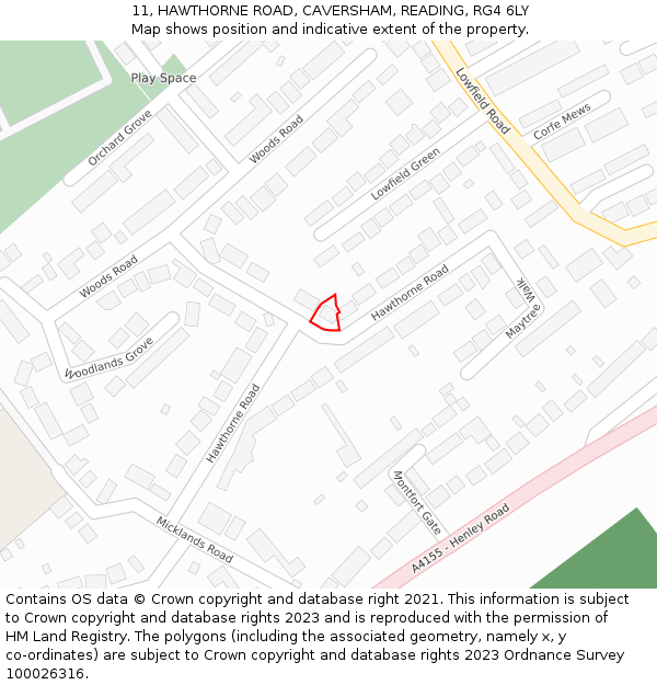 11, HAWTHORNE ROAD, CAVERSHAM, READING, RG4 6LY: Location map and indicative extent of plot