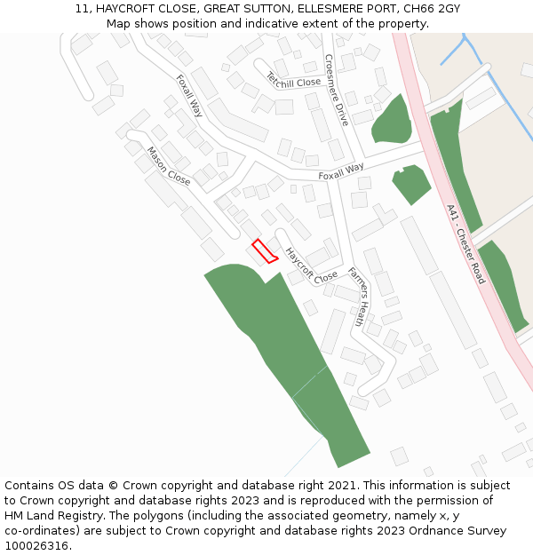 11, HAYCROFT CLOSE, GREAT SUTTON, ELLESMERE PORT, CH66 2GY: Location map and indicative extent of plot