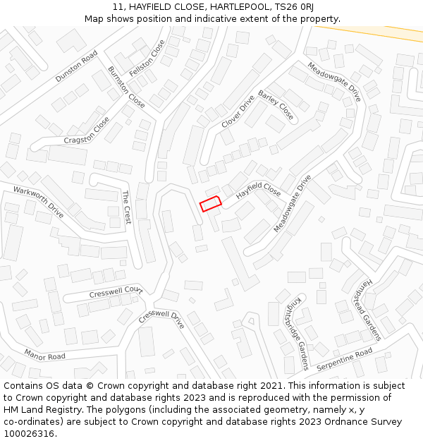 11, HAYFIELD CLOSE, HARTLEPOOL, TS26 0RJ: Location map and indicative extent of plot