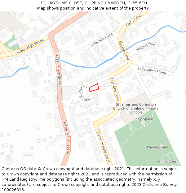 11, HAYSUMS CLOSE, CHIPPING CAMPDEN, GL55 6EH: Location map and indicative extent of plot