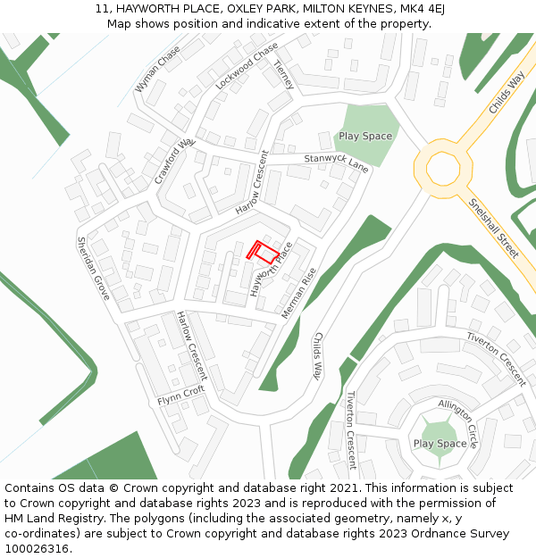 11, HAYWORTH PLACE, OXLEY PARK, MILTON KEYNES, MK4 4EJ: Location map and indicative extent of plot