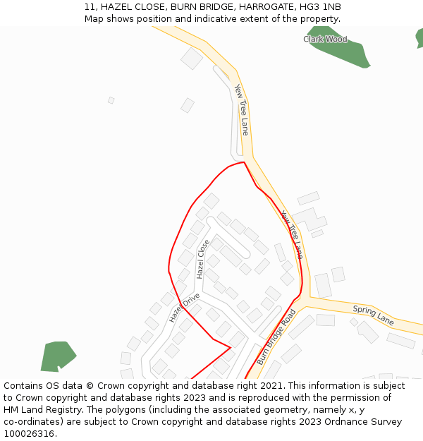 11, HAZEL CLOSE, BURN BRIDGE, HARROGATE, HG3 1NB: Location map and indicative extent of plot