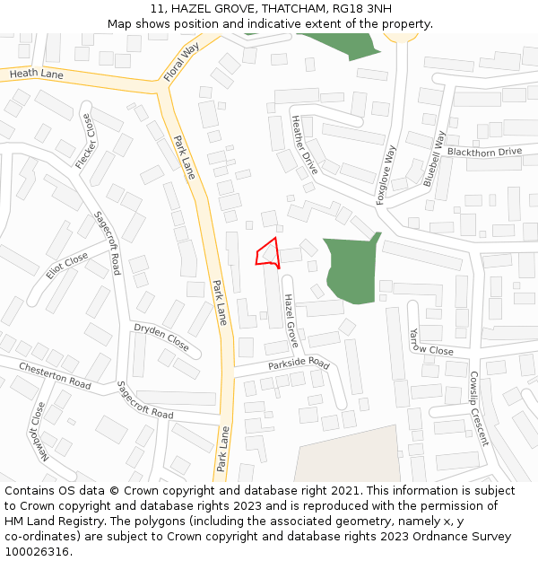 11, HAZEL GROVE, THATCHAM, RG18 3NH: Location map and indicative extent of plot