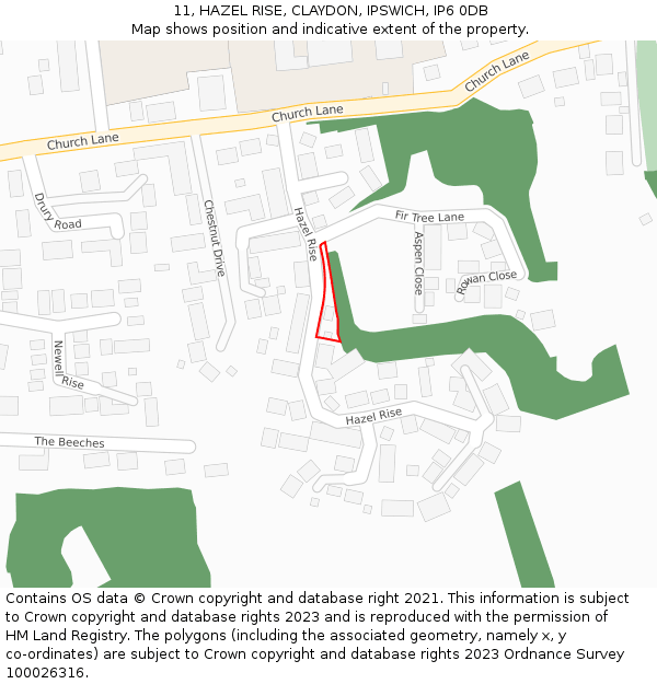 11, HAZEL RISE, CLAYDON, IPSWICH, IP6 0DB: Location map and indicative extent of plot