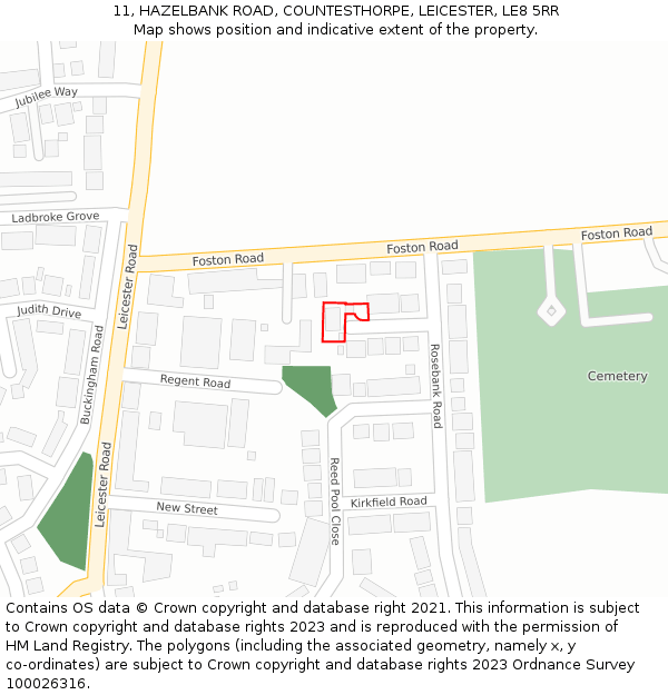 11, HAZELBANK ROAD, COUNTESTHORPE, LEICESTER, LE8 5RR: Location map and indicative extent of plot