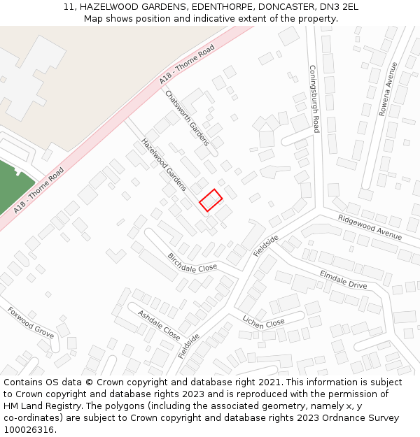 11, HAZELWOOD GARDENS, EDENTHORPE, DONCASTER, DN3 2EL: Location map and indicative extent of plot