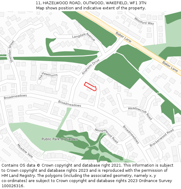 11, HAZELWOOD ROAD, OUTWOOD, WAKEFIELD, WF1 3TN: Location map and indicative extent of plot