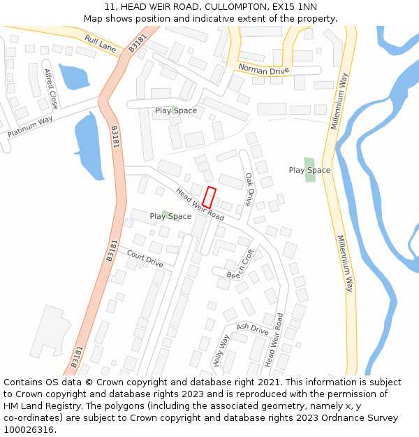 11, HEAD WEIR ROAD, CULLOMPTON, EX15 1NN: Location map and indicative extent of plot