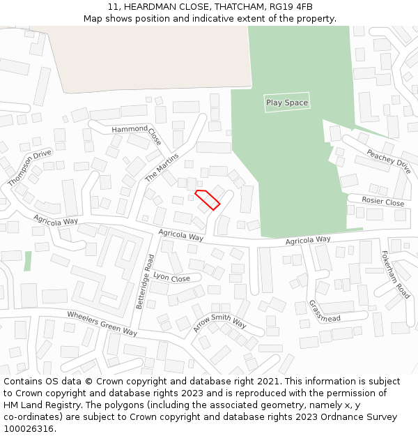 11, HEARDMAN CLOSE, THATCHAM, RG19 4FB: Location map and indicative extent of plot