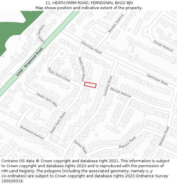 11, HEATH FARM ROAD, FERNDOWN, BH22 8JN: Location map and indicative extent of plot