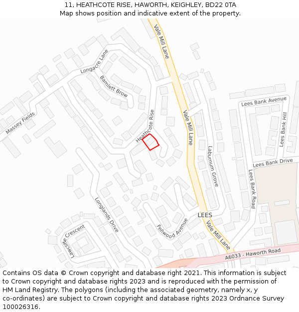 11, HEATHCOTE RISE, HAWORTH, KEIGHLEY, BD22 0TA: Location map and indicative extent of plot