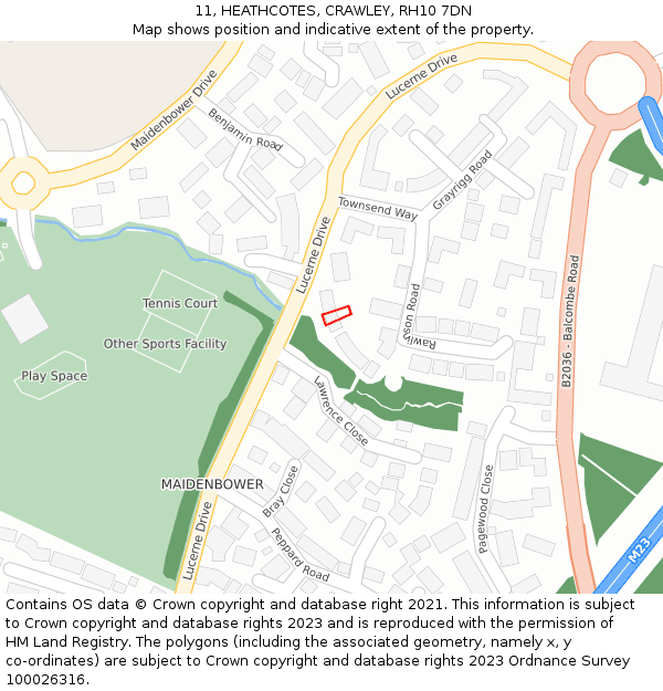 11, HEATHCOTES, CRAWLEY, RH10 7DN: Location map and indicative extent of plot