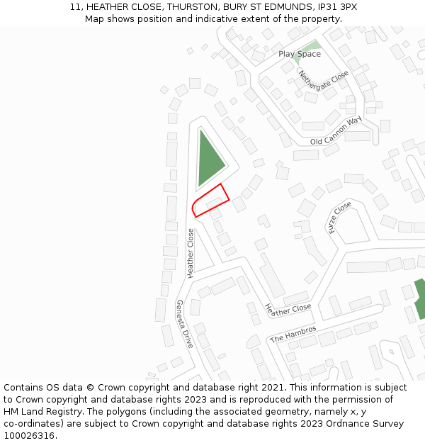 11, HEATHER CLOSE, THURSTON, BURY ST EDMUNDS, IP31 3PX: Location map and indicative extent of plot