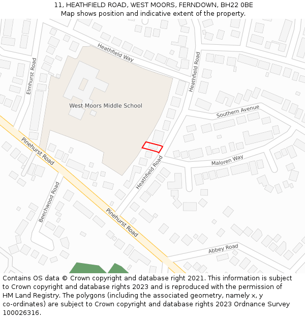 11, HEATHFIELD ROAD, WEST MOORS, FERNDOWN, BH22 0BE: Location map and indicative extent of plot