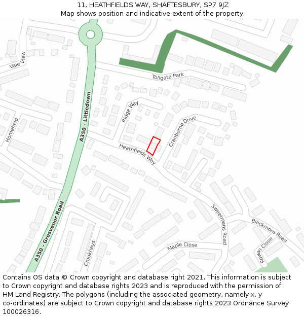 11, HEATHFIELDS WAY, SHAFTESBURY, SP7 9JZ: Location map and indicative extent of plot