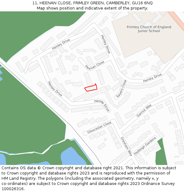 11, HEENAN CLOSE, FRIMLEY GREEN, CAMBERLEY, GU16 6NQ: Location map and indicative extent of plot