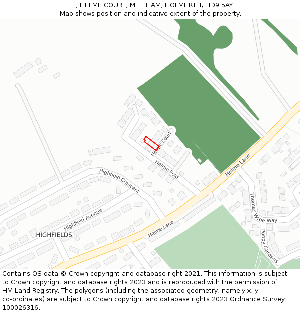 11, HELME COURT, MELTHAM, HOLMFIRTH, HD9 5AY: Location map and indicative extent of plot