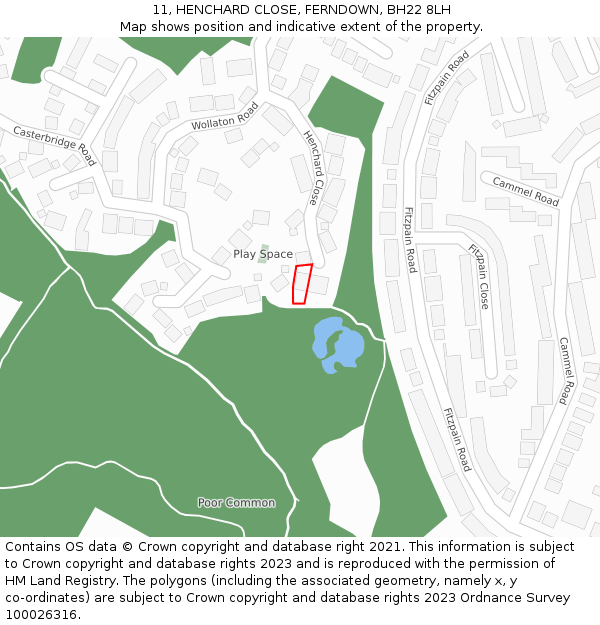 11, HENCHARD CLOSE, FERNDOWN, BH22 8LH: Location map and indicative extent of plot