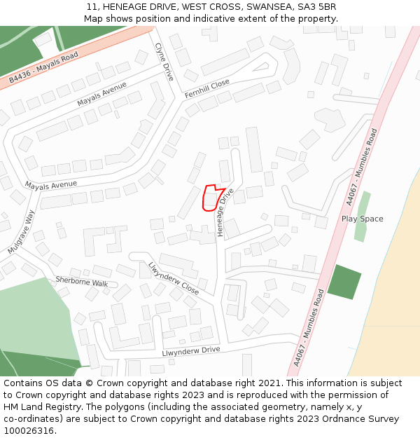 11, HENEAGE DRIVE, WEST CROSS, SWANSEA, SA3 5BR: Location map and indicative extent of plot