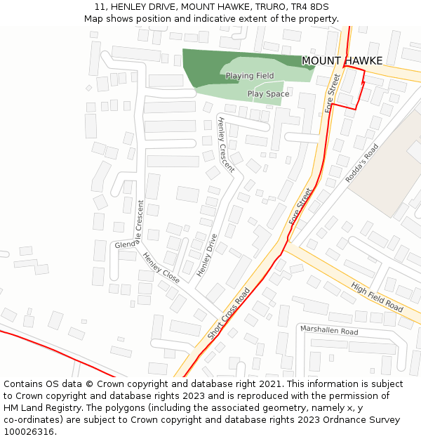 11, HENLEY DRIVE, MOUNT HAWKE, TRURO, TR4 8DS: Location map and indicative extent of plot