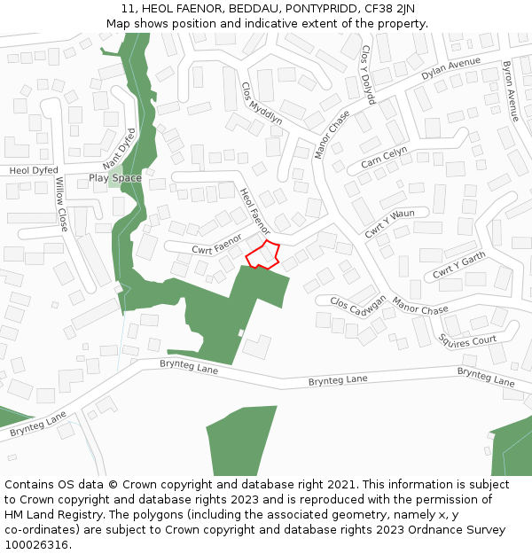 11, HEOL FAENOR, BEDDAU, PONTYPRIDD, CF38 2JN: Location map and indicative extent of plot