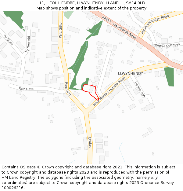 11, HEOL HENDRE, LLWYNHENDY, LLANELLI, SA14 9LD: Location map and indicative extent of plot