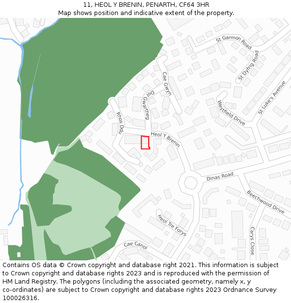 11, HEOL Y BRENIN, PENARTH, CF64 3HR: Location map and indicative extent of plot