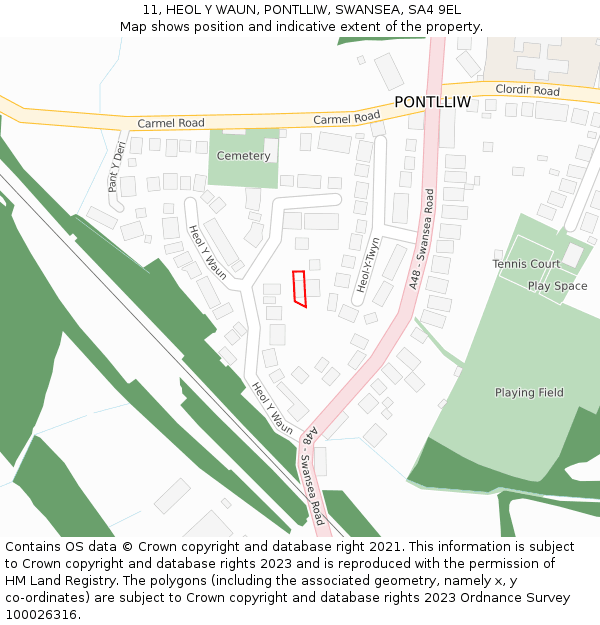 11, HEOL Y WAUN, PONTLLIW, SWANSEA, SA4 9EL: Location map and indicative extent of plot