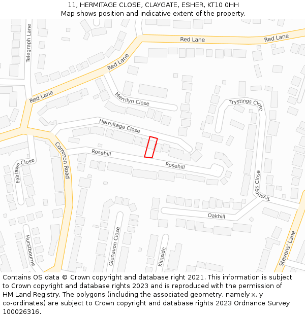 11, HERMITAGE CLOSE, CLAYGATE, ESHER, KT10 0HH: Location map and indicative extent of plot