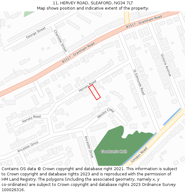 11, HERVEY ROAD, SLEAFORD, NG34 7LT: Location map and indicative extent of plot