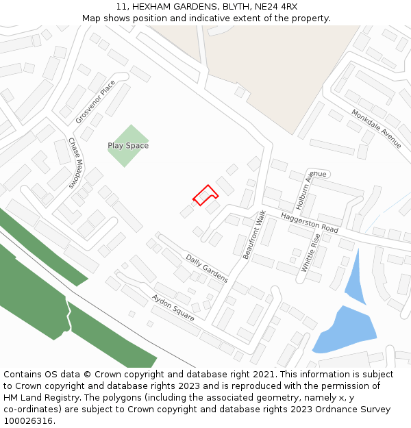 11, HEXHAM GARDENS, BLYTH, NE24 4RX: Location map and indicative extent of plot