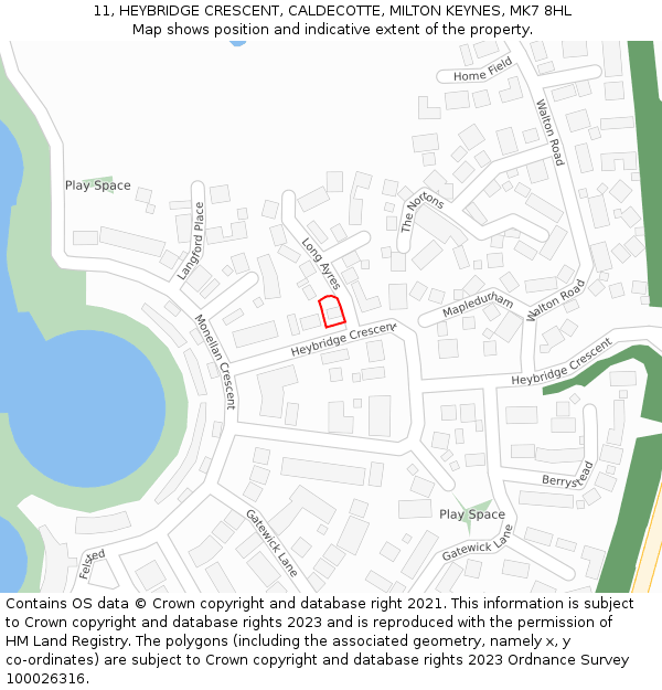 11, HEYBRIDGE CRESCENT, CALDECOTTE, MILTON KEYNES, MK7 8HL: Location map and indicative extent of plot