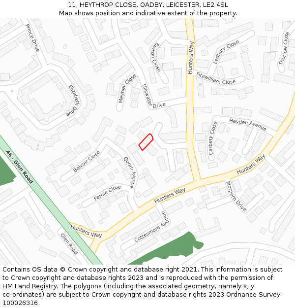 11, HEYTHROP CLOSE, OADBY, LEICESTER, LE2 4SL: Location map and indicative extent of plot