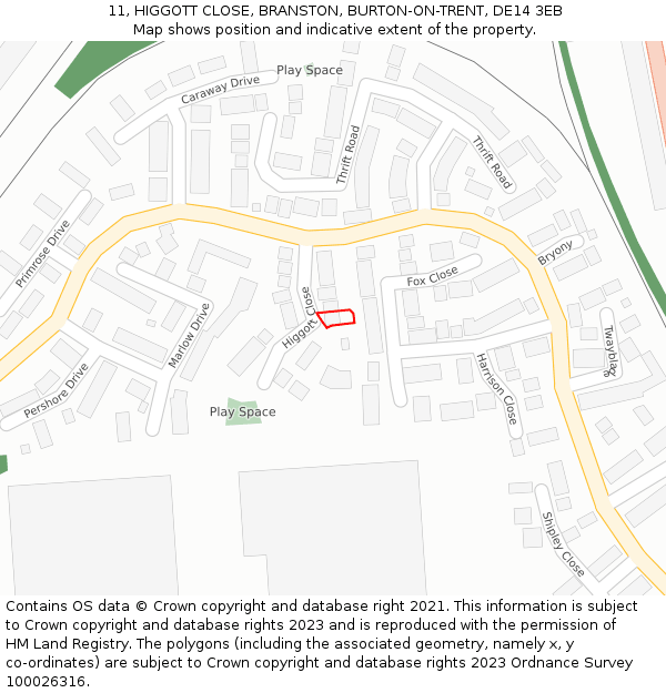 11, HIGGOTT CLOSE, BRANSTON, BURTON-ON-TRENT, DE14 3EB: Location map and indicative extent of plot