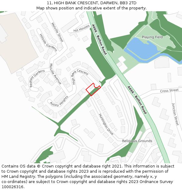 11, HIGH BANK CRESCENT, DARWEN, BB3 2TD: Location map and indicative extent of plot