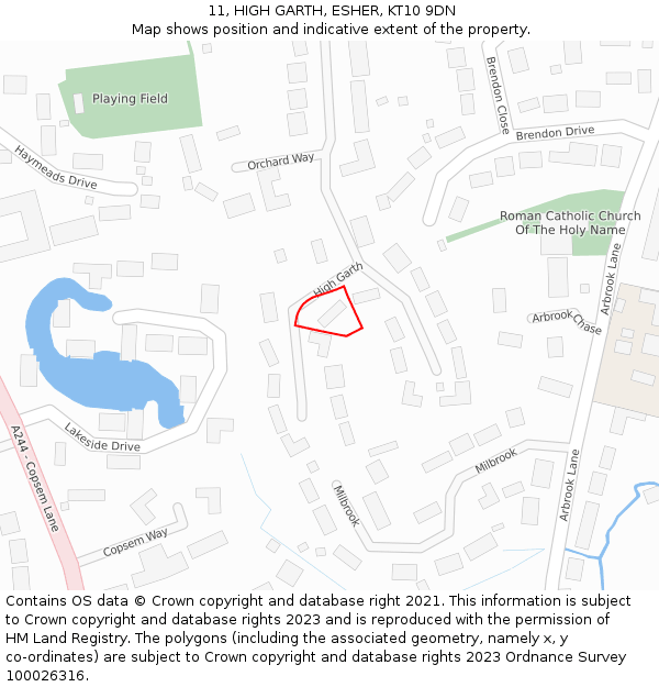 11, HIGH GARTH, ESHER, KT10 9DN: Location map and indicative extent of plot