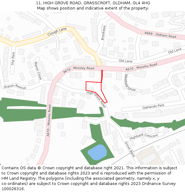 11, HIGH GROVE ROAD, GRASSCROFT, OLDHAM, OL4 4HG: Location map and indicative extent of plot
