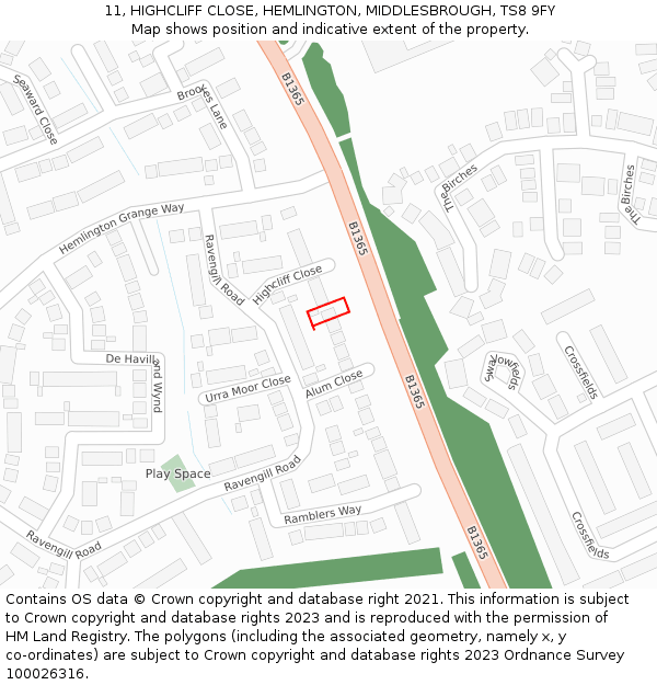 11, HIGHCLIFF CLOSE, HEMLINGTON, MIDDLESBROUGH, TS8 9FY: Location map and indicative extent of plot