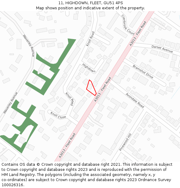 11, HIGHDOWN, FLEET, GU51 4PS: Location map and indicative extent of plot
