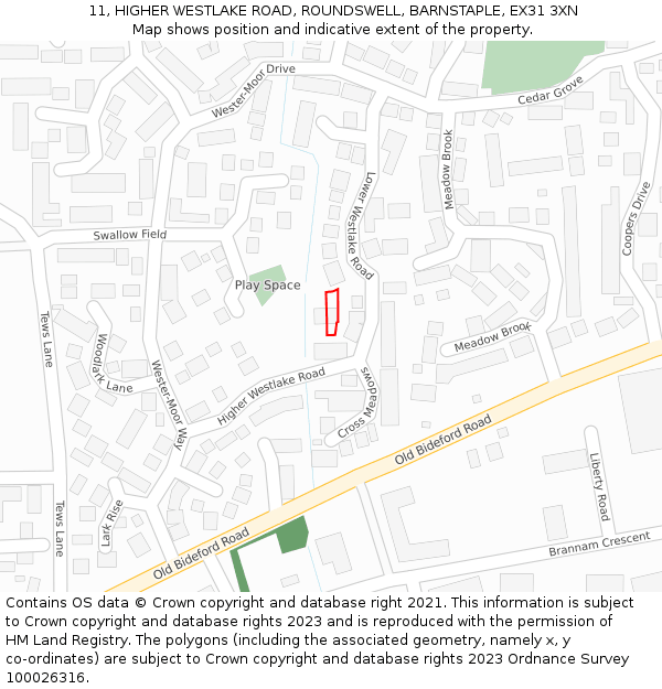 11, HIGHER WESTLAKE ROAD, ROUNDSWELL, BARNSTAPLE, EX31 3XN: Location map and indicative extent of plot