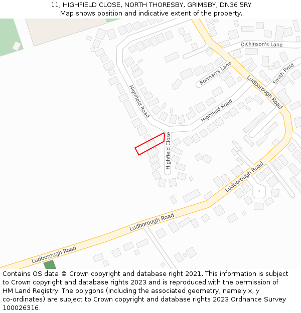 11, HIGHFIELD CLOSE, NORTH THORESBY, GRIMSBY, DN36 5RY: Location map and indicative extent of plot