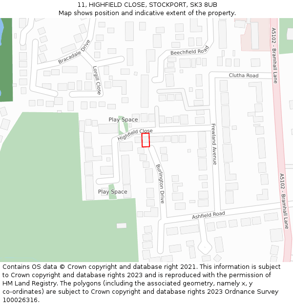 11, HIGHFIELD CLOSE, STOCKPORT, SK3 8UB: Location map and indicative extent of plot