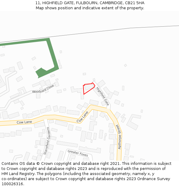 11, HIGHFIELD GATE, FULBOURN, CAMBRIDGE, CB21 5HA: Location map and indicative extent of plot