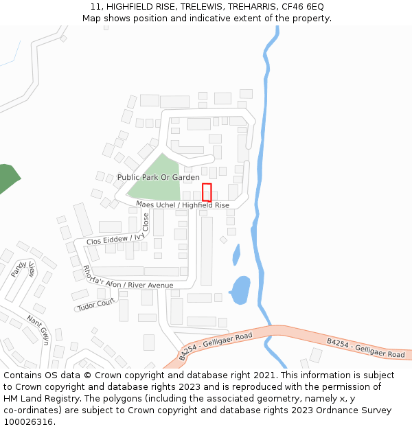 11, HIGHFIELD RISE, TRELEWIS, TREHARRIS, CF46 6EQ: Location map and indicative extent of plot