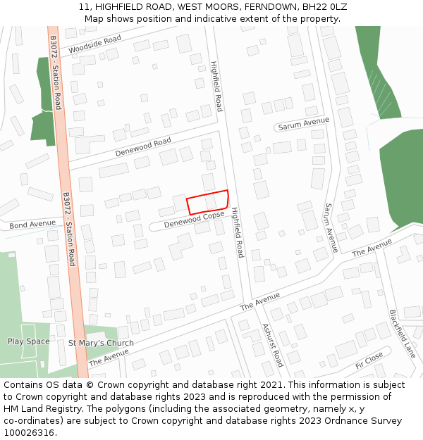 11, HIGHFIELD ROAD, WEST MOORS, FERNDOWN, BH22 0LZ: Location map and indicative extent of plot