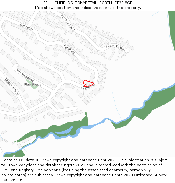 11, HIGHFIELDS, TONYREFAIL, PORTH, CF39 8GB: Location map and indicative extent of plot