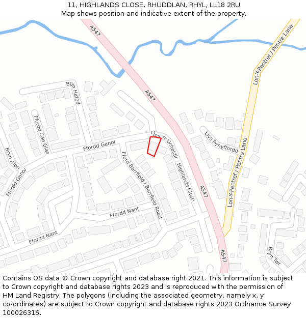 11, HIGHLANDS CLOSE, RHUDDLAN, RHYL, LL18 2RU: Location map and indicative extent of plot